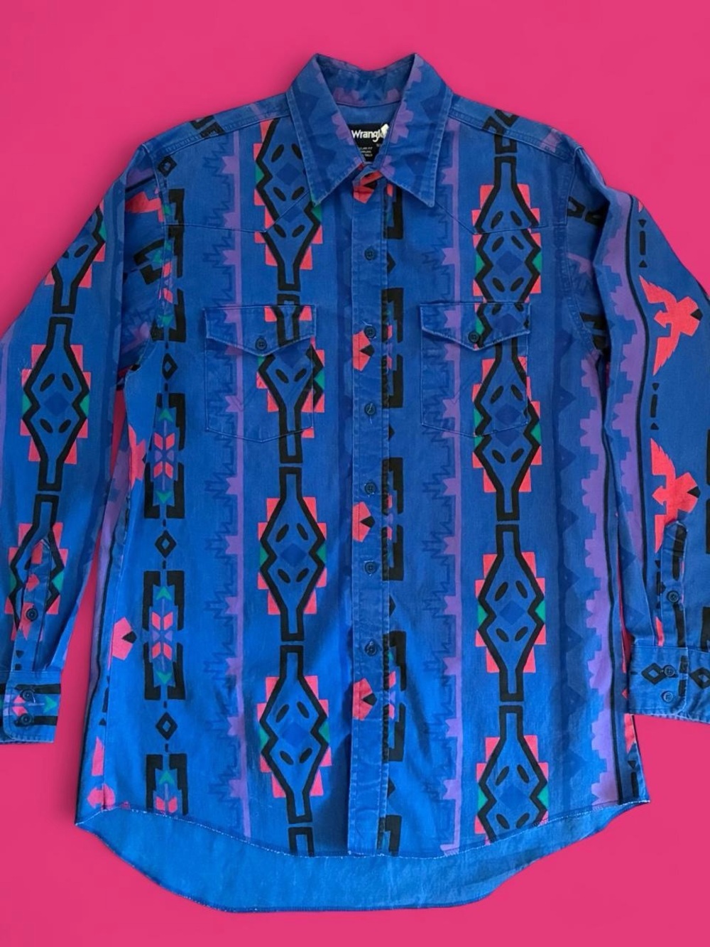 Wrangler Blue Geometric Button-Down Western Shirt